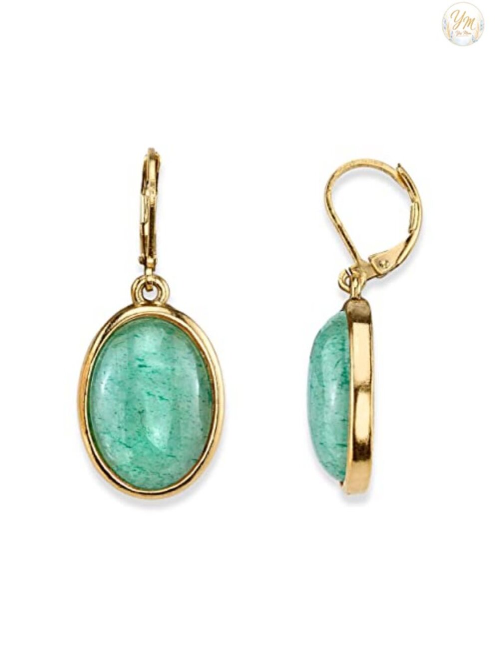 Oval Aventurine Gemstone Drop Dangle Earrings 14K Gold Dipped Lever Back